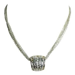 Multistrand Chains Necklace Silver Tone Rhinestone Pendant Choker Collar Length